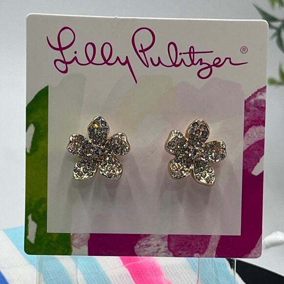 Lilly Pulitzer Beach Club Blooms Pave Flower Stud Gold Tone‎ Earrings New - Picture 1 of 8
